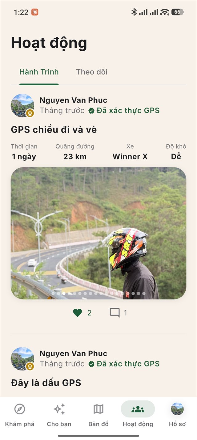 Màn hình hoạt động Dấu Mốc, hiển thị dòng chữ Đã xác thực GPS bên cạnh một hành trình thật vừa được ghi lại.