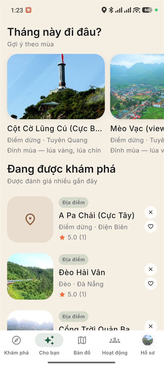 Màn hình Cho bạn: gợi ý cung đường và địa điểm theo mùa như Cột Cờ Lũng Cú, A Pa Chải, Đèo Hải Vân.