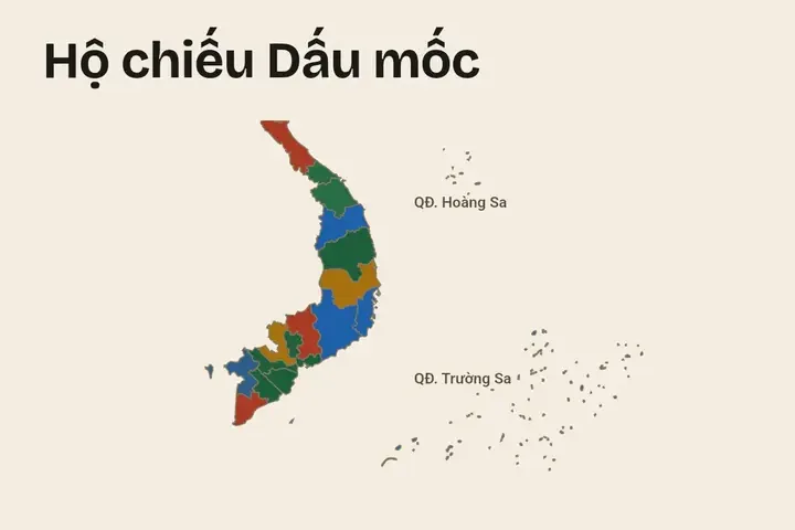 Bản đồ Việt Nam trong Hộ Chiếu, mỗi tỉnh đã đến được tô một màu