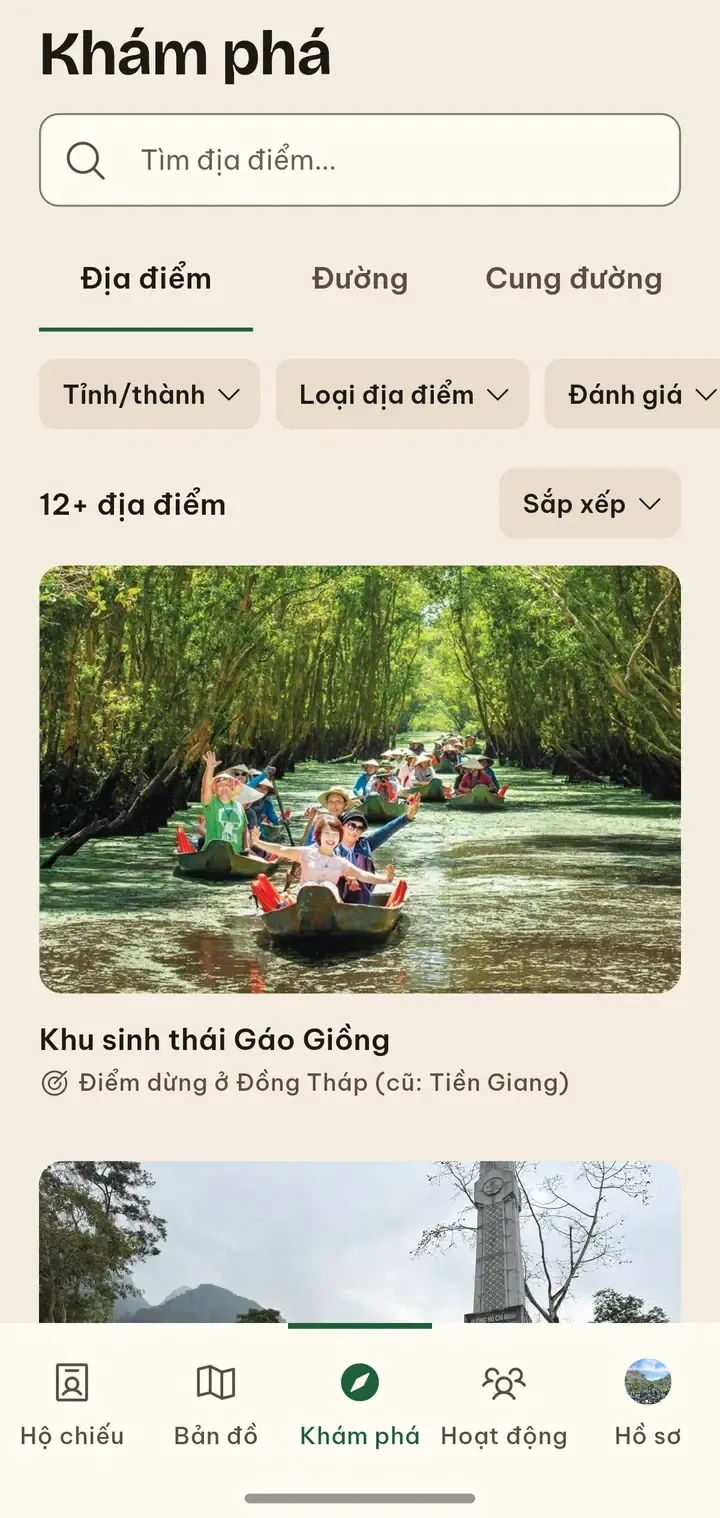 Màn Khám phá trong app Dấu Mốc, danh sách địa điểm có ảnh và bộ lọc