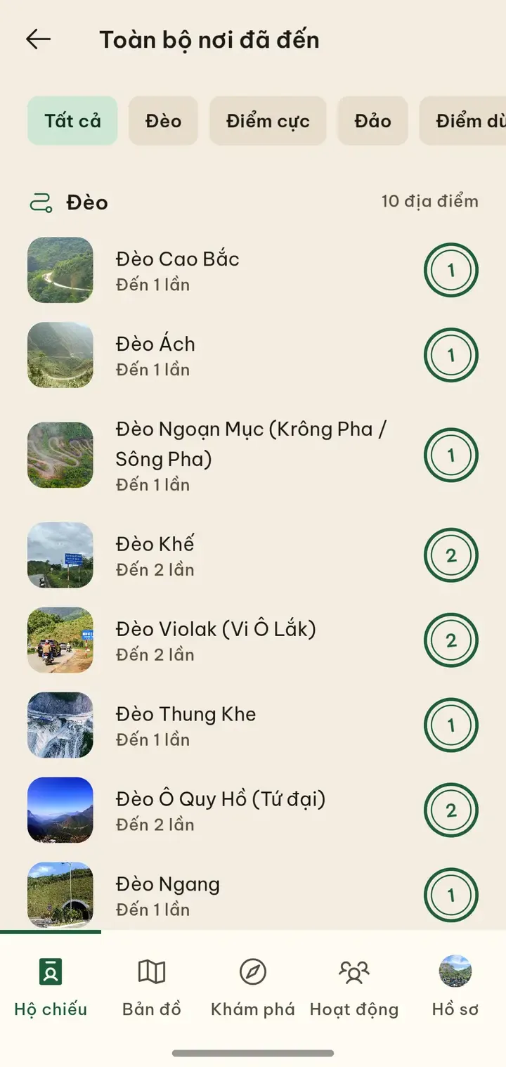 Màn Nơi đã đến trong app Dấu Mốc, danh sách các nơi bạn đã đóng dấu kèm số lần đến
