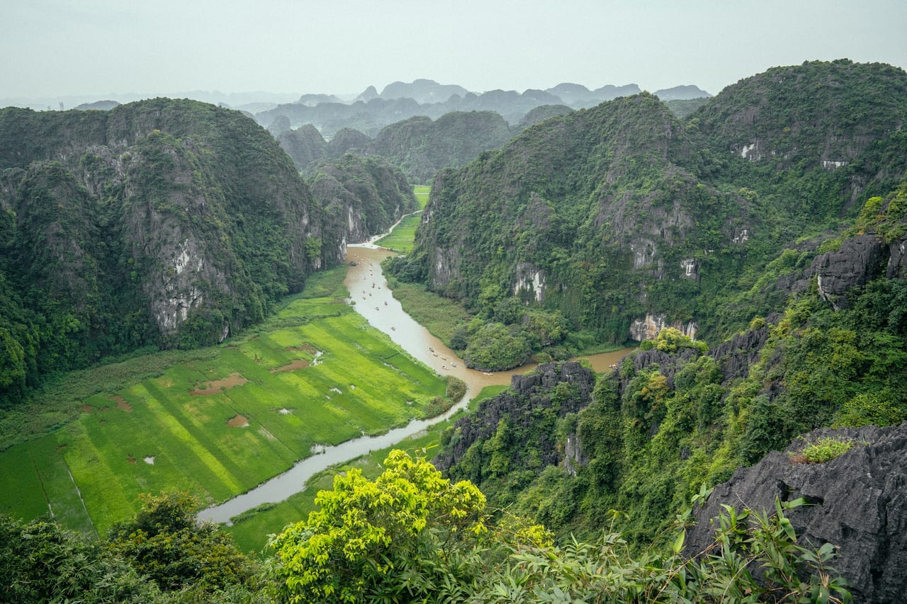 Dòng sông uốn quanh thung lũng lúa giữa núi đá vôi nhìn từ Hang Múa, Ninh Bình