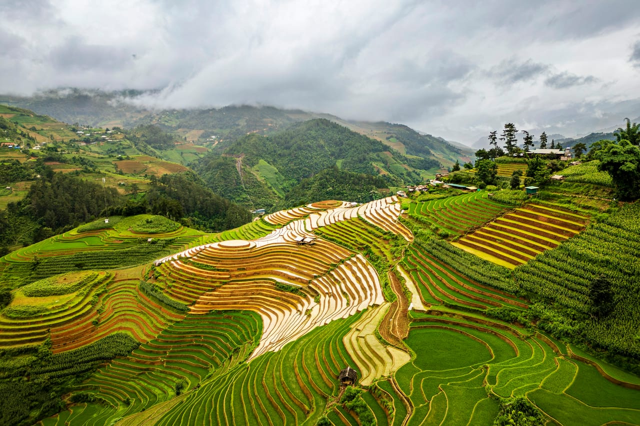 Toàn cảnh ruộng bậc thang mùa nước đổ ở Mù Cang Chải nhìn từ trên cao